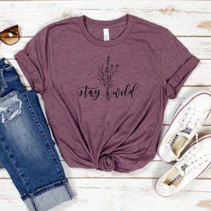 Stay Wild Wildflower Boho Short Sleeve Cotton Graphic Tee - Purple